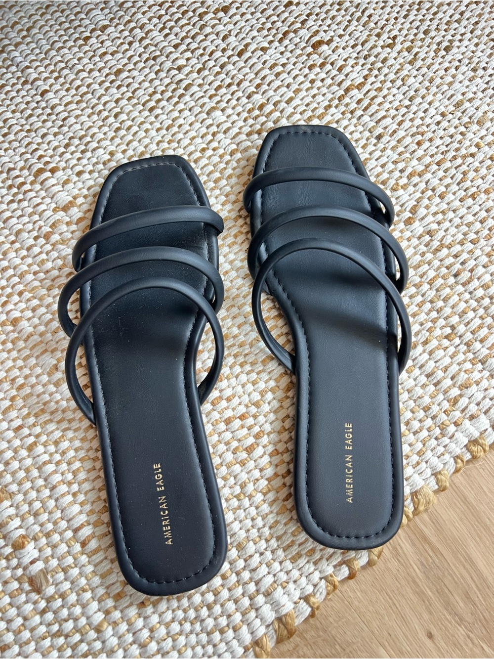 American Eagle Outfitters Black Triple-Strap Square-Toe Slide Sandals